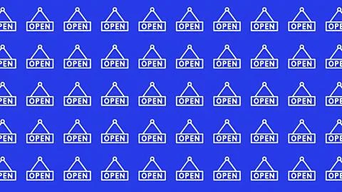 Seamless pattern of white open door sign icons on a blue background for ret.. Stock Illustration