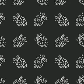 Seamless Pattern with White Outline Berries Raspberries and Blackberries on.. Illustrazione stock