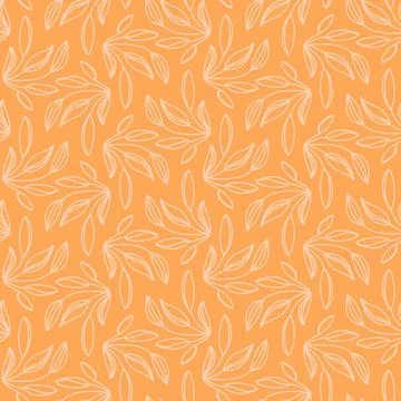 Seamless pattern with white outline leaves on yellow background Stock Illustration