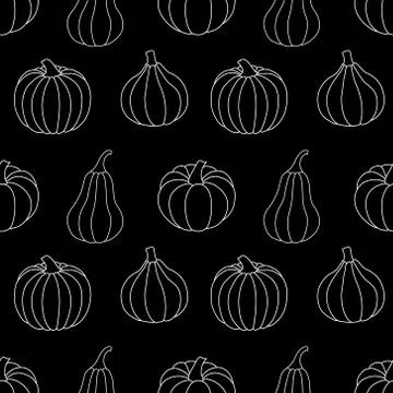 Seamless pattern with white outline pumpkins on a black background. Vector Stock Illustration