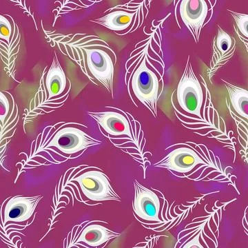 Seamless pattern of white peacock feathers on purple background, texture, d.. Stock Illustration