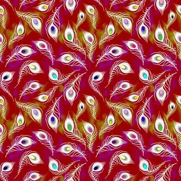 Seamless pattern of white peacock feathers on a red background, texture, desi Stock Illustration