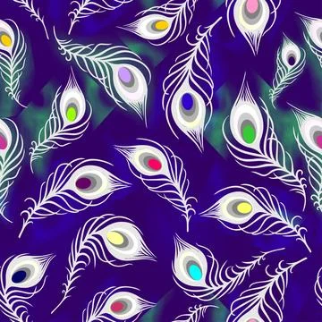 Seamless pattern of white peacock feathers on a blue background, texture, d.. Stock Illustration