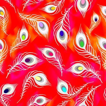 Seamless pattern of white peacock feathers on a red background, texture, desi Stock Illustration