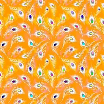 Seamless pattern of white peacock feathers on orange background, texture, d.. Stock Illustration