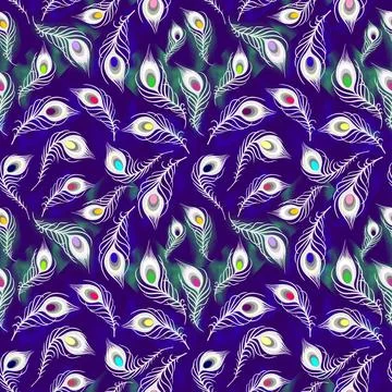 Seamless pattern of white peacock feathers on a blue background, texture, d.. Stock Illustration