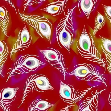 Seamless pattern of white peacock feathers on a red background, texture, desi イラスト素材