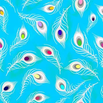 Seamless pattern of white peacock feathers on a blue background, texture, d.. Illustrazione stock