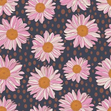Seamless pattern of white-pink daisies and bronze polka dot on dark grey-violet Illustrazione stock