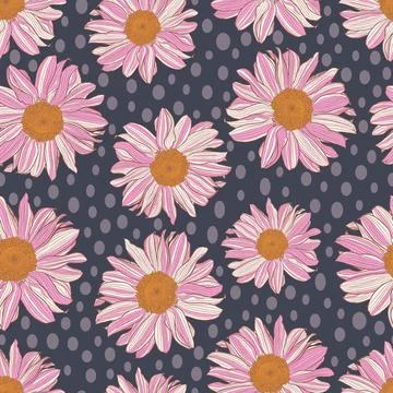 Seamless pattern of white-pink daisies and grey polka dot on dark grey-violet Illustrazione stock