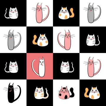 Seamless pattern white, pink, grey and yellow cats on the chessboard. Vector Illustrazione stock