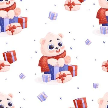 Seamless pattern with white polar bear with gift boxes on white background... Illustrazione stock