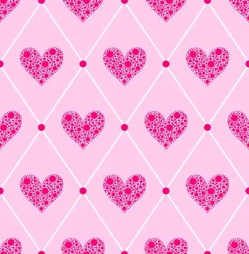 Seamless pattern with white  polka dots hearts  on  pink background. Stock Illustration