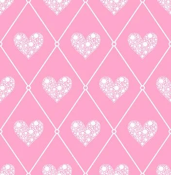Seamless pattern with white  polka dots hearts  on  pink background. Stock Illustration