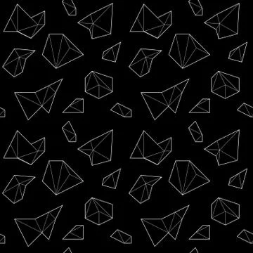 Seamless pattern with white polygonal shapes in linear style on black backgro Stock Illustration