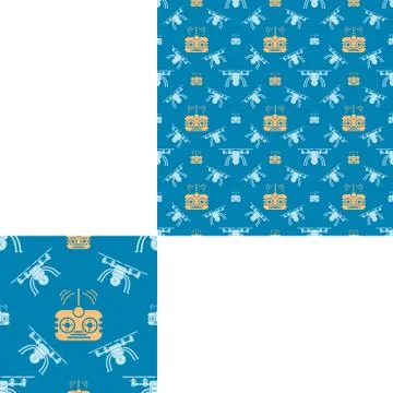Seamless pattern of white quadrocopters and yellow remote control on the bl.. Stock Illustration