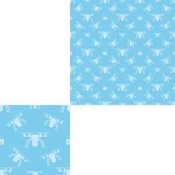 Seamless pattern of white quadrocopters on the light blue background with p.. Stock Illustration