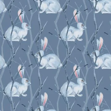 Seamless pattern with white rabbits and dry branches. Watercolor Stock Illustration