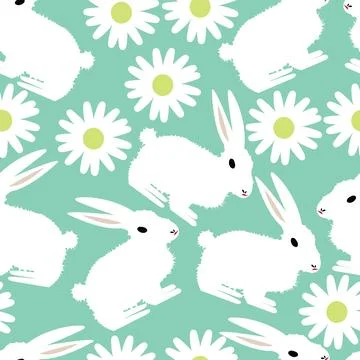 Seamless pattern with white rabbits and chamomile Stock Illustration