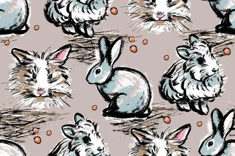 Seamless pattern. White rabbits on a beige background. Illustration in the style Stock Illustration