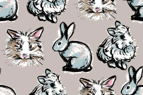 Seamless pattern. White rabbits on a beige background. Illustration in the style Stock Illustration