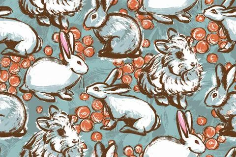 Seamless pattern. White rabbits with carrots on a blue background. Illustration Stock Illustration