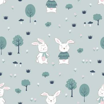 Seamless pattern with white rabbits happy on the garden for decorative,kid pr Stock Illustration
