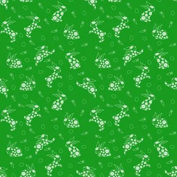 Seamless pattern with white rabbits over green Stock Illustration