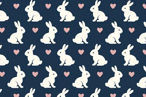 Seamless Pattern White Rabbits Pink Hearts Dark Blue Background イラスト素材