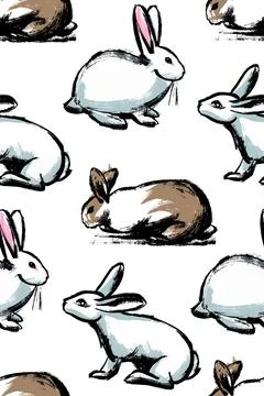 Seamless pattern. White rabbits on a white background. Illustration in the style Stock Illustration