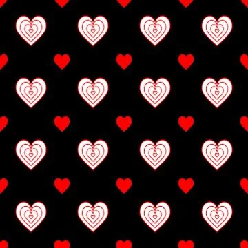Seamless pattern of white, red, hearts on a black background. Abstract illust Illustrazione stock