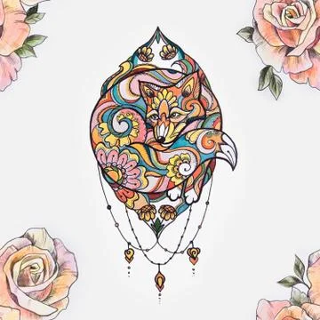 Seamless pattern of white roses and fox on white background. Stock Illustration