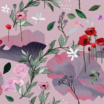 Seamless pattern with white roses and brown leaves on light background. Tropi Stock Illustration