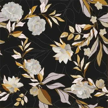 Seamless pattern with white roses and leaves on bordo background. Tropical fl イラスト素材