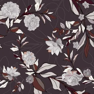 Seamless pattern with white roses and leaves on bordo background. Tropical fl 库存插图