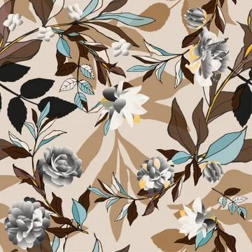 Seamless pattern with white roses and brown leaves on light background. Tropi Stock Illustration