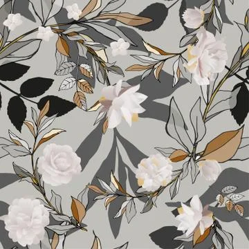 Seamless pattern with white roses and grey leaves on light background. Tropic Stock Illustration