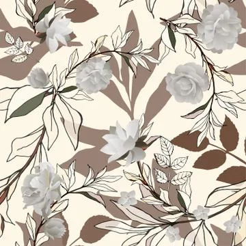 Seamless pattern with white roses and brown leaves on light background. Tropi Stock Illustration