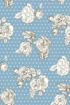 Seamless pattern with white roses and dots on blue. Illustrazione stock