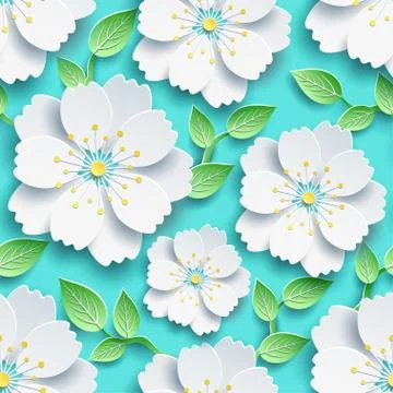 Seamless pattern with white sakura and green leaves Stock Illustration