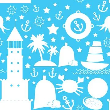 Seamless pattern. white sea icon on blue background. vector Stock Illustration