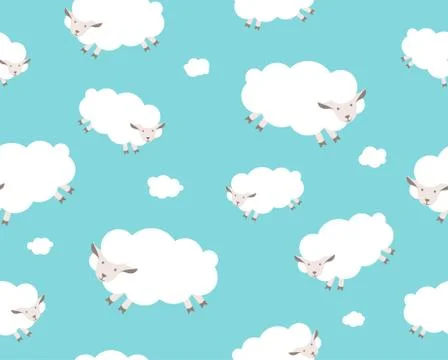 Seamless pattern. White sheep and cloud on the blue sky Stock Illustration