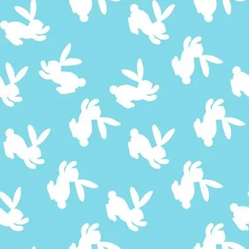 Seamless pattern with white silhouette Easter rabbits on blue background. Design 스톡 일러스트
