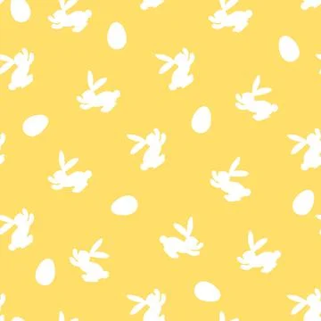 Seamless pattern with white silhouette Easter rabbits on yellow background Illustrazione stock