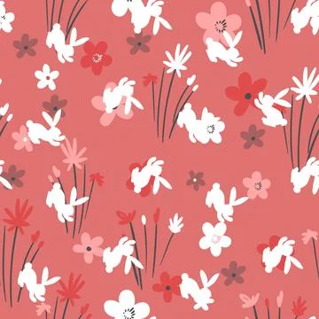 Seamless pattern with white silhouette Easter rabbits on pink background. Design Stock Illustration