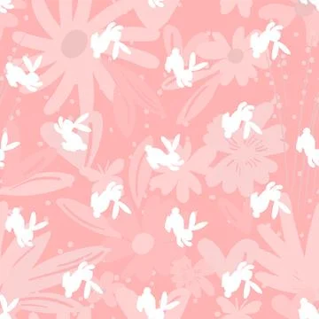 Seamless pattern with white silhouette Easter rabbits on pink background. Design Illustrazione stock