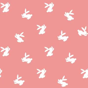 Seamless pattern with white silhouette Easter rabbits on pink background. Design Stock Illustration