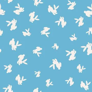 Seamless pattern with white silhouette Easter rabbits on BLUE background. Design Illustrazione stock