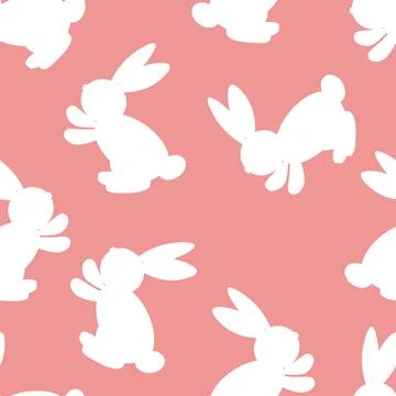 Seamless pattern with white silhouette Easter rabbits on pink background. Design 스톡 일러스트