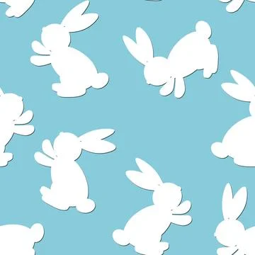 Seamless pattern with white silhouette Easter rabbits on blue background. Design Stock Illustration